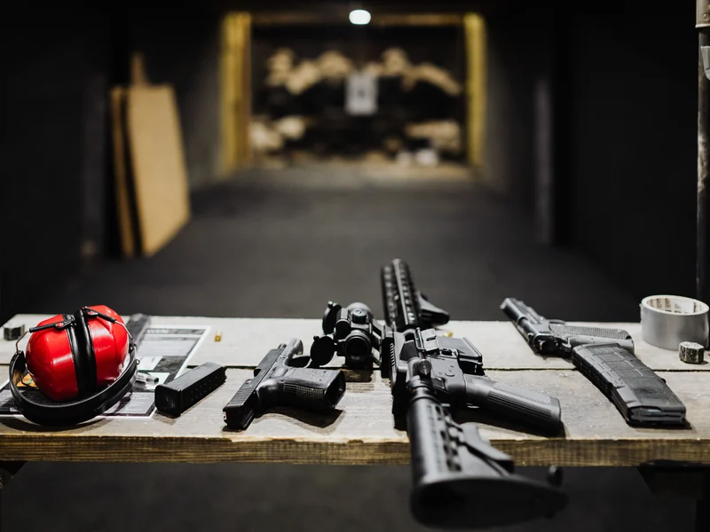 Knightrunner Build Your Confidence Indoor range bench set up with firearms and hearing protection